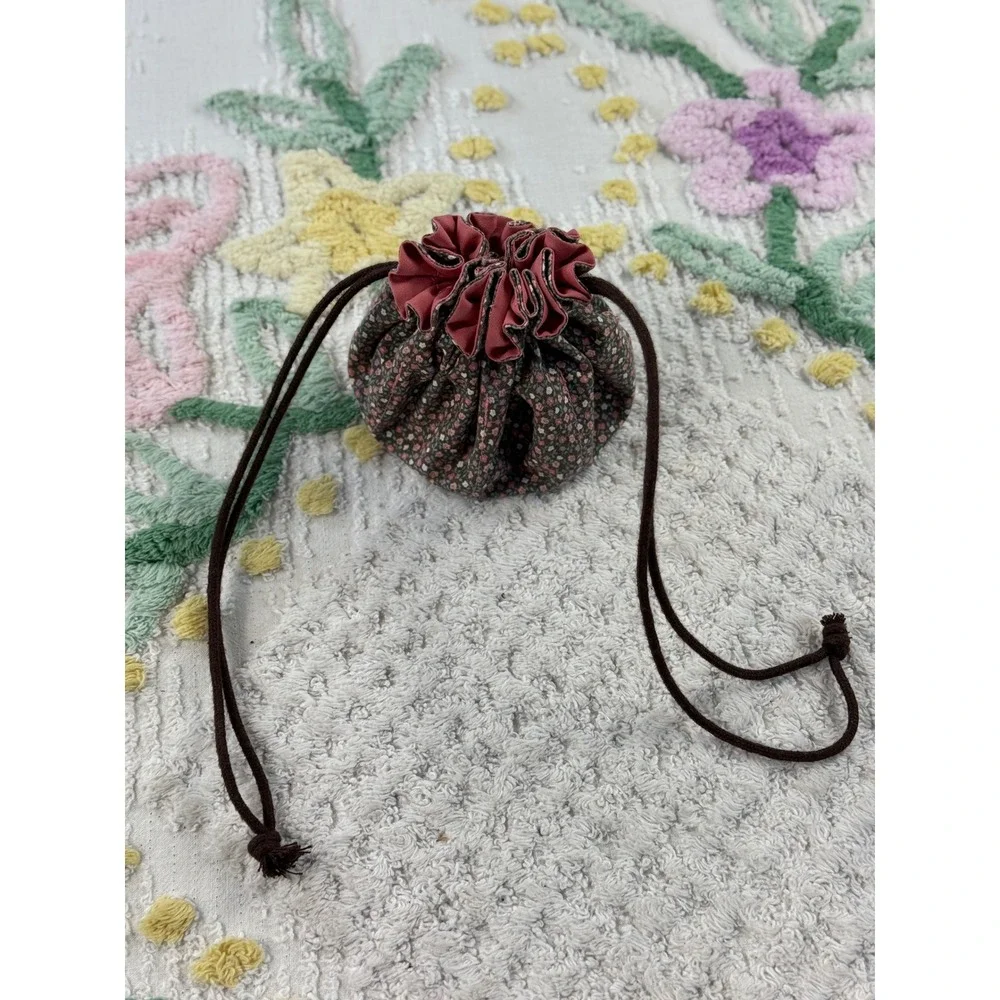 Handmade Floral Drawstring Pouch Jewelry Bag Mauve Ruffle Small Travel Organizer